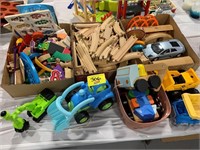 WOODEN TRAIN SET, GROUP OF PLASTIC TOYS OF ALL