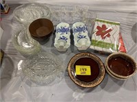 PRESSED GLASS, SNACK SET, BROWN GLAZE BOWLS &