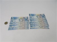 11 billets 5$ Canada 2010 avec numéro de série