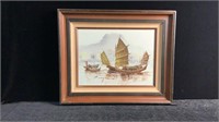 P. Wong Chinese Boats Painting on Canvas