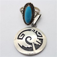 Old Pawn Sterling Silver Pendant & Turquoise Ring