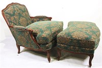 FRENCH STYLE UPHOLSTERED ARMCHAIR & OTTOMAN