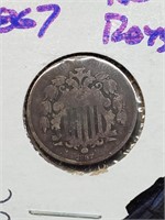 1867 Shield Nickel No Rays