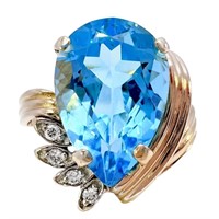 7.5 Carat Blue Topaz & Diamond Cocktail Ring 14k