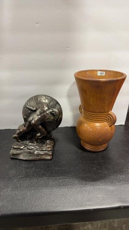 ART DECO POTTERY VASE AND BRASS BOOK END