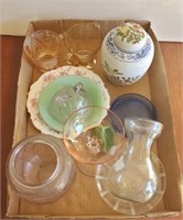 TRAY- GLASSWARE, MISC GINGER JAR, CUPS,