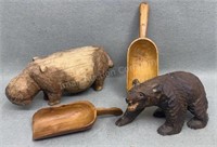 Carved Wooden Bear, Hippo & 2 Wooden Scoops