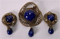 Gold pin and earrings, blue stones, 1.5" diameter