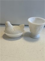 2- Vintage Milk Glass Chicken Rooster Covered