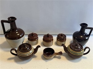 Large lot set of brown ceramic pitchers bowls