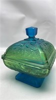 Blue Green Glass Lidded Candy Dish