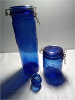 Cobalt blue depression glass canisters with mini