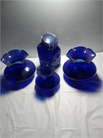 Cobalt blue depression glass vases and canister