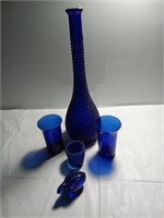 Vintage cobalt blue flower vase, 2 glasses,