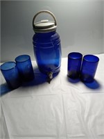 Vintage cobalt blue Beverage jug with four glasses