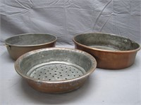 3 Vintage Solid Copper Tinned Pans