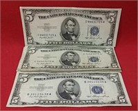 Thirteen 1953 Five Dollar Silver Certificate