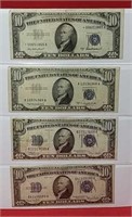 Four 1934 & 1953 Ten Dollar Silver Certificates