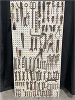 24"X48" PEG BOARD W/VINTAGE WRENCHES, SHOE HORNS,