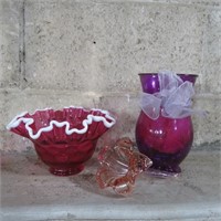 Red & Rose Colored Vases & Dish