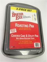 New 3 Piece Set of Pans Roaster, Covered Cake