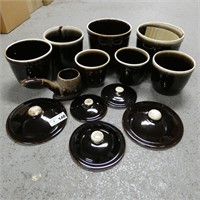 Large Lot of Brown Drip Pottery Cannisters