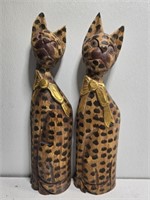 Pair of hand carved vintage wooden cat figures