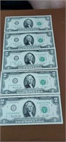 Grouping of 5 $2 consecutive serial numbers 1976