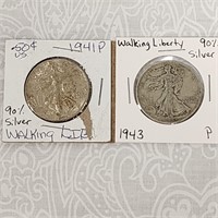 1941 1943 Walking Liberty 2 Half Dollar 90% Silver