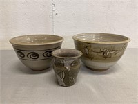 3 Signed Stoneware Bowls
