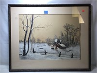 Painting of Cabin in Winter Scene, 29” x 24”