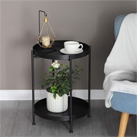 Two Tier Round Metal Side End Table Black