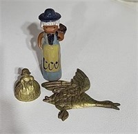 Brass Bell, duck wall hanging and figurine
