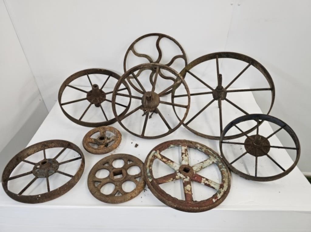 9 CAST IRON WHEELBARROW WHEELS & VALVE WHEELS