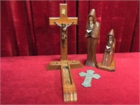 Crucifix, Cross & 2 Carved Figures