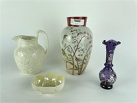 Bristol Glass Vase, Wedgwood Pitcher, Beleek Bowl