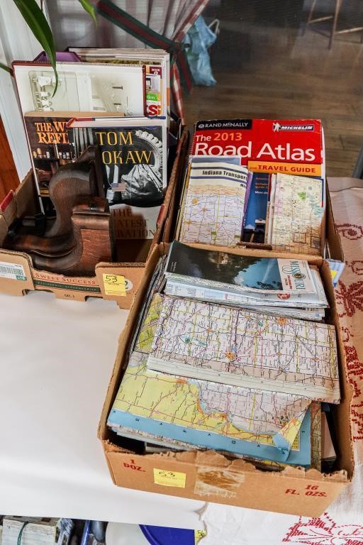 (3) Flats of Maps, Road Atlas, Books, Magazines