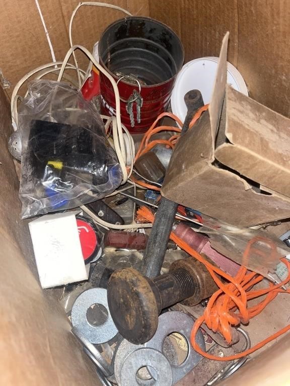 Box lot with assorted electrical, cooling, keys,