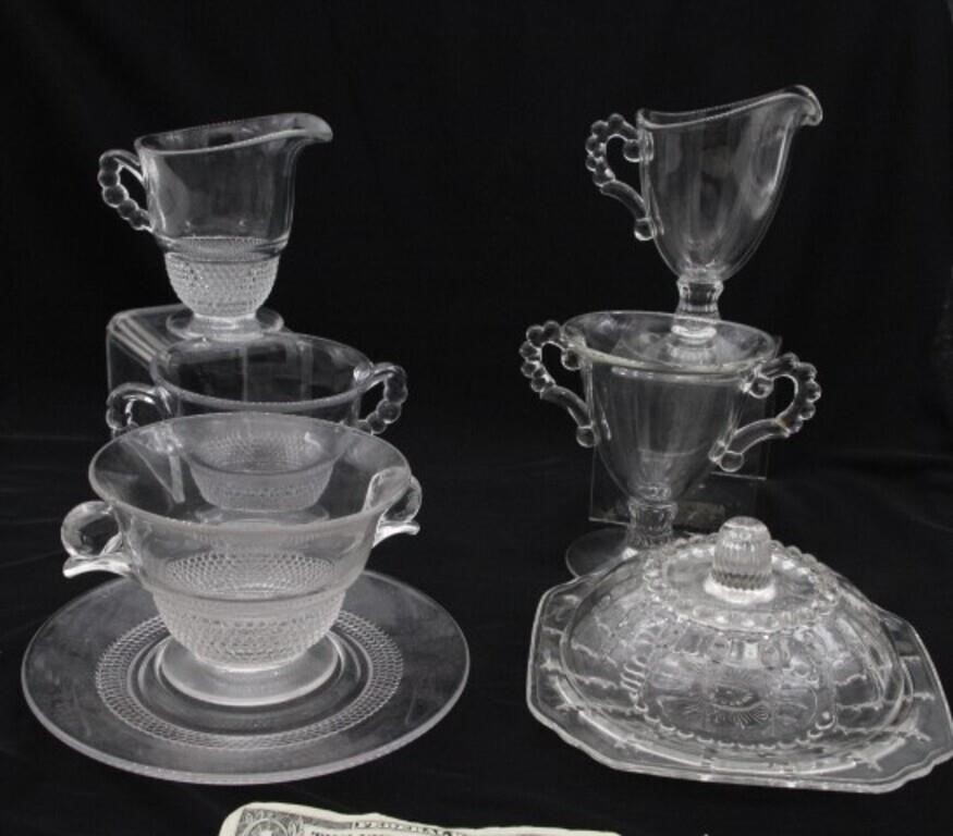 (8) GLASS PCS: SUGAR & CREAMERS, BUTTER DISH