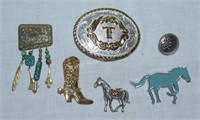 (S2) Lot of Western Brooches & "T" Belt Buckle