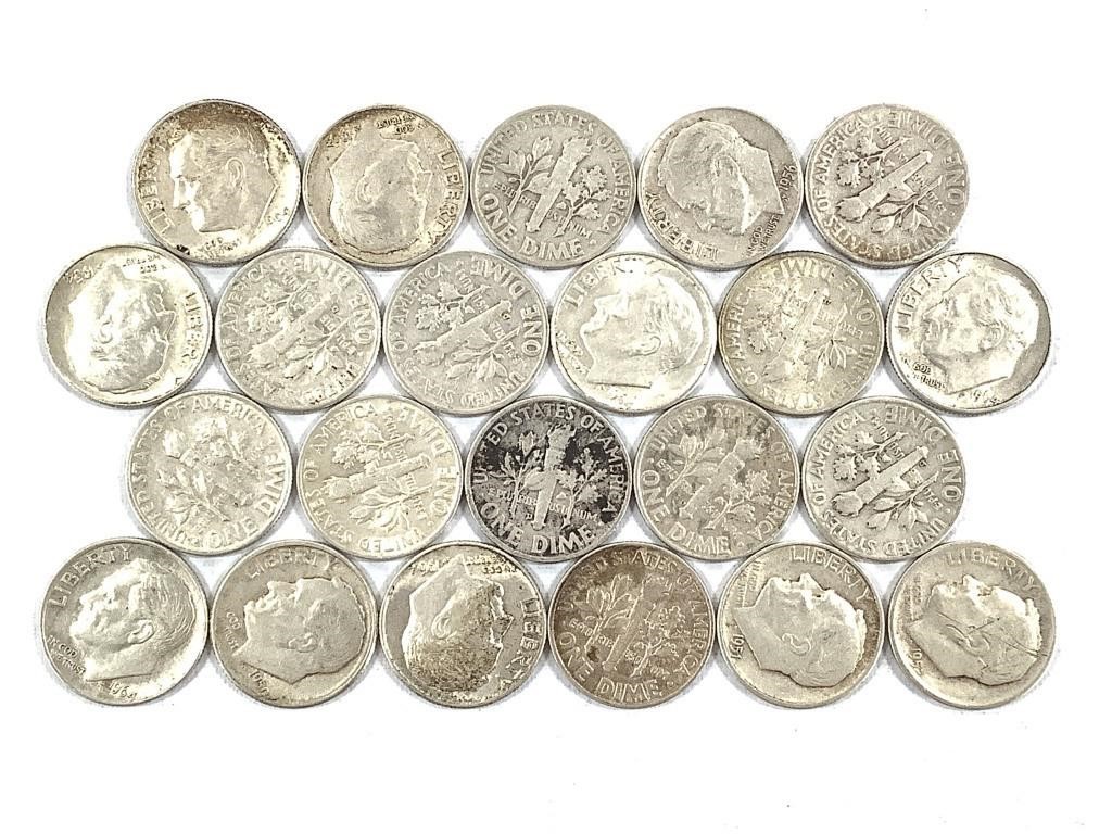 22 Silver Roosevelt Dimes, US Coins