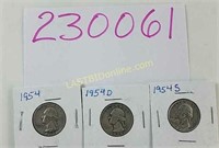 3 Silver Quearters dated 1954
