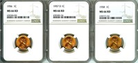 1956 1957-D 1958 Cent NGC MS66 RD 3 PC LOT