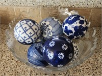 Glass Bowl with Blue and White Ceramic Balls
