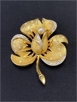 Vintage Gold Tone Rhinestone Floral Brooch