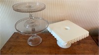 3 antique glass cake stands one square milk glass