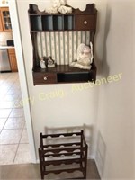 Country pine wall hanging shelf with contents and