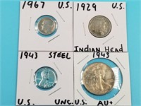 4 US coins: 1943 Walking Liberty half, 1929 Buffal