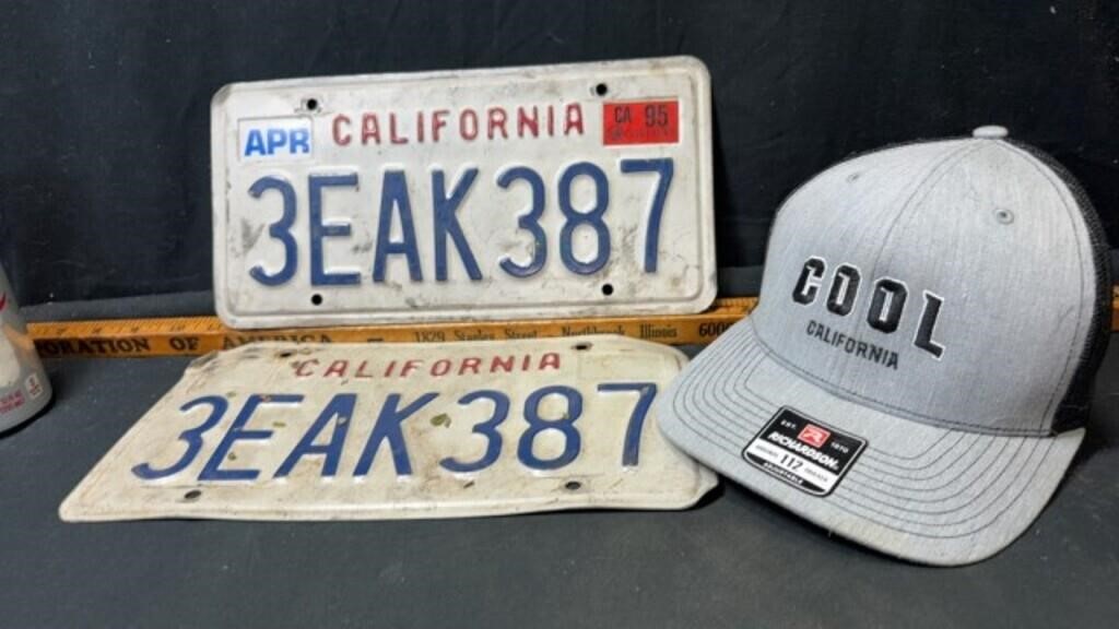 Pair of California license plates & hat