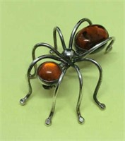 925 Silver and Amber Spider Pin